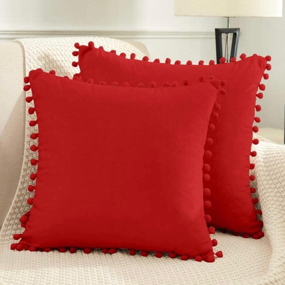 Decorative Throw Pillow Covers with Pom Poms, Pack of 2